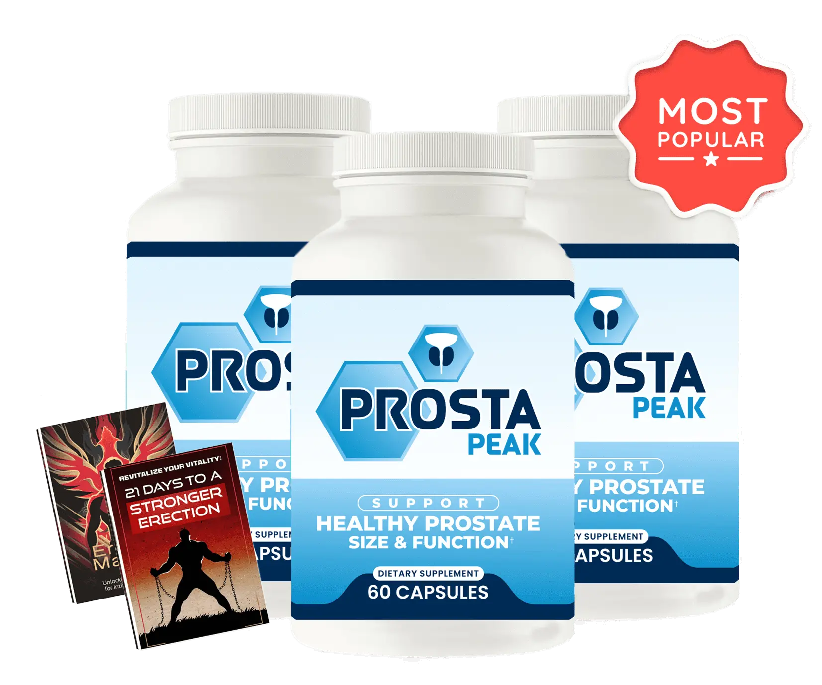 Three bottles of Prosta Peak — most popular 90-day supply package with bonus ebooks